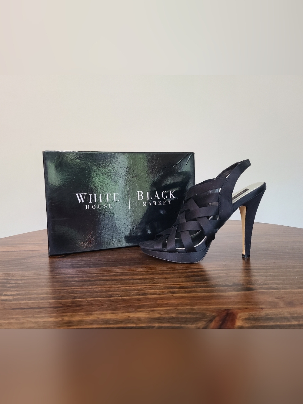 2015 White House Black Market Black Woven Satin Peep-Toe Slingback Heels